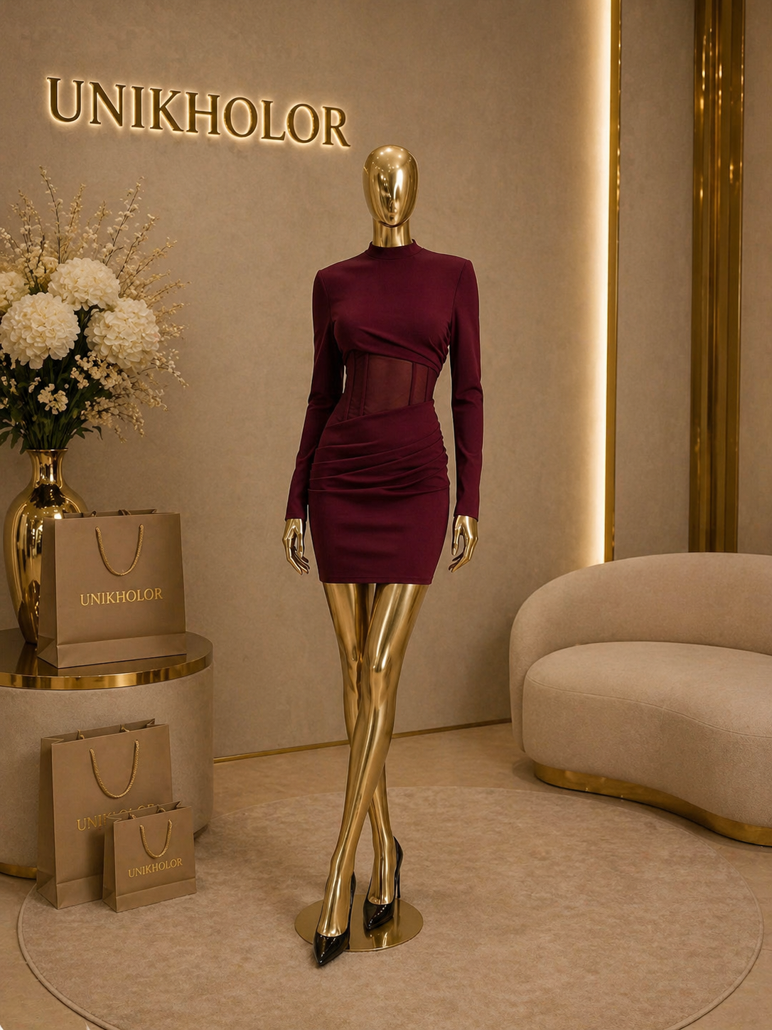 Vestido vino con transparencias cb