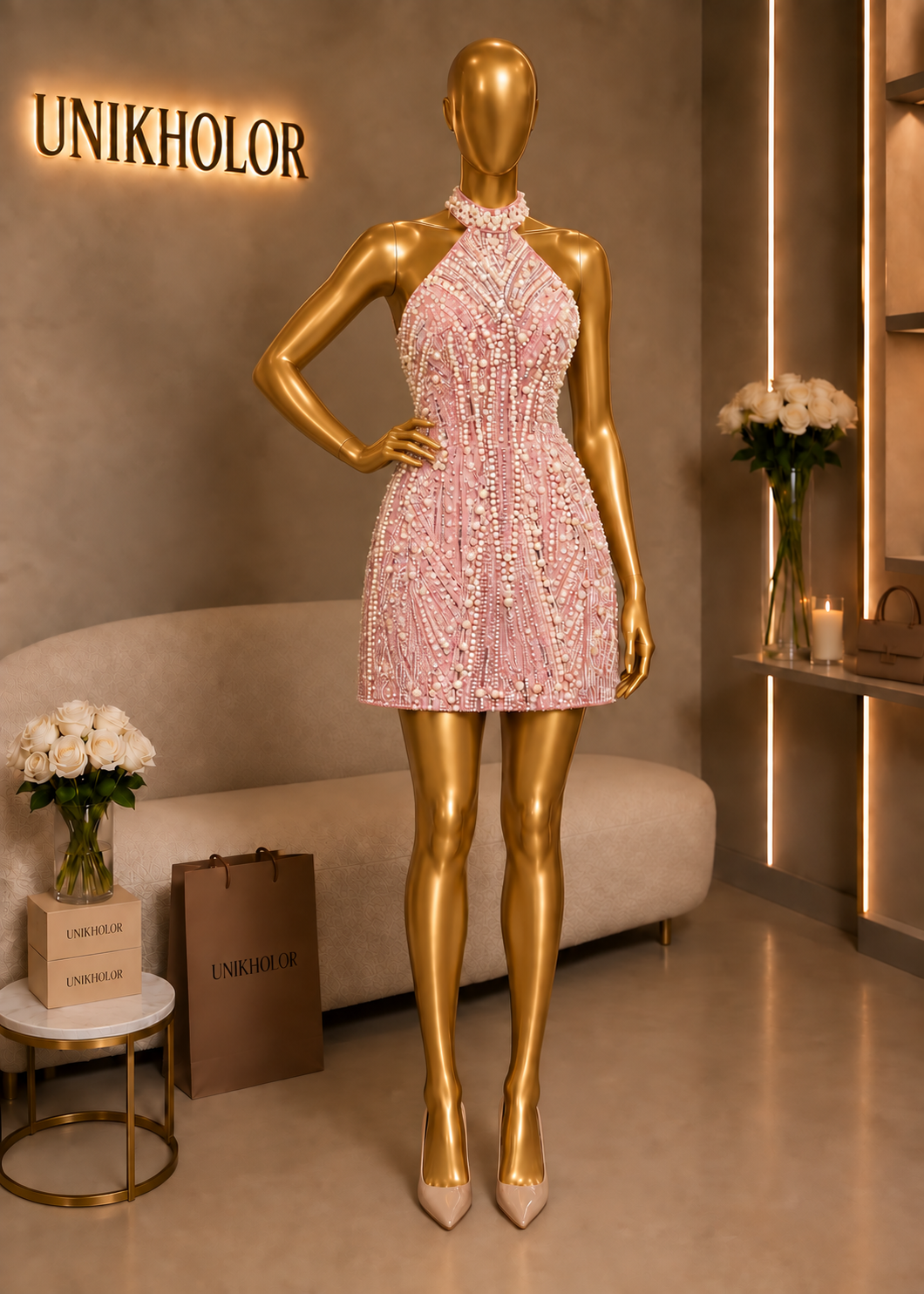 Vestido corto rosado con brillantes y perlas cb