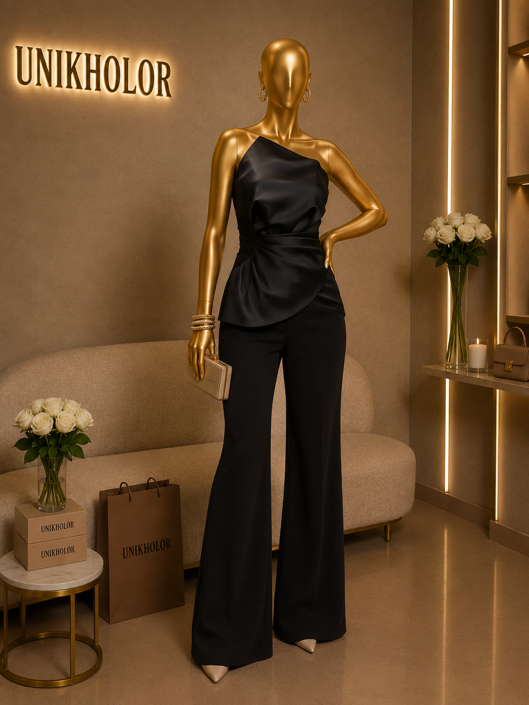 Jumpsuit negro strapless con seda cb
