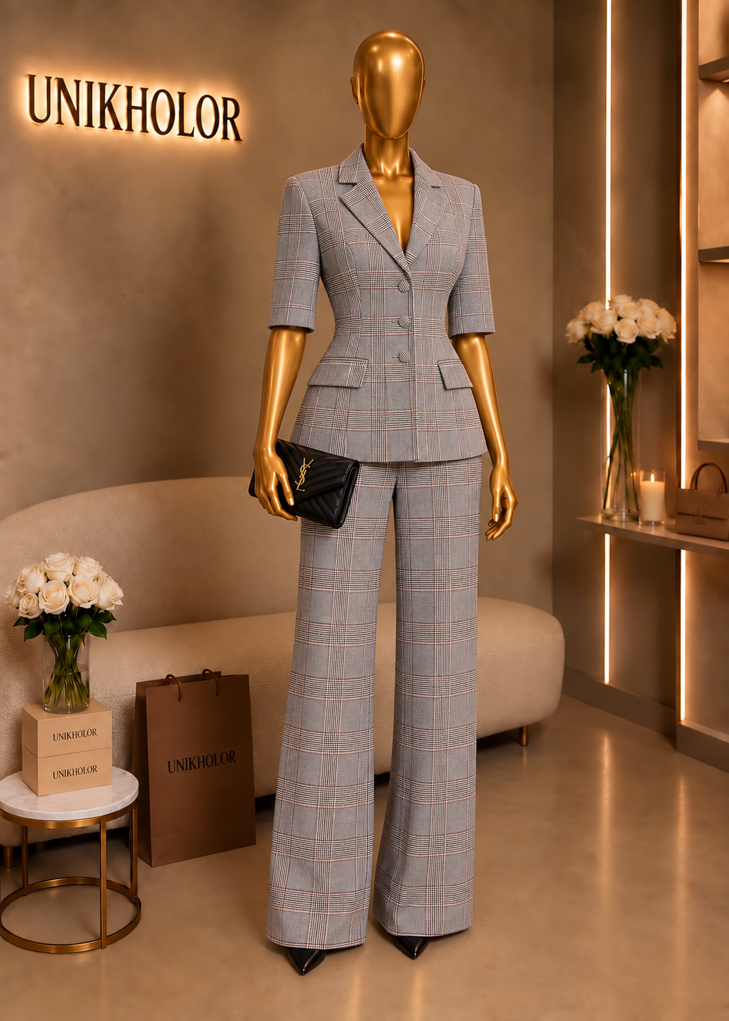 Set de blazer manga corta gris de cuadros cb