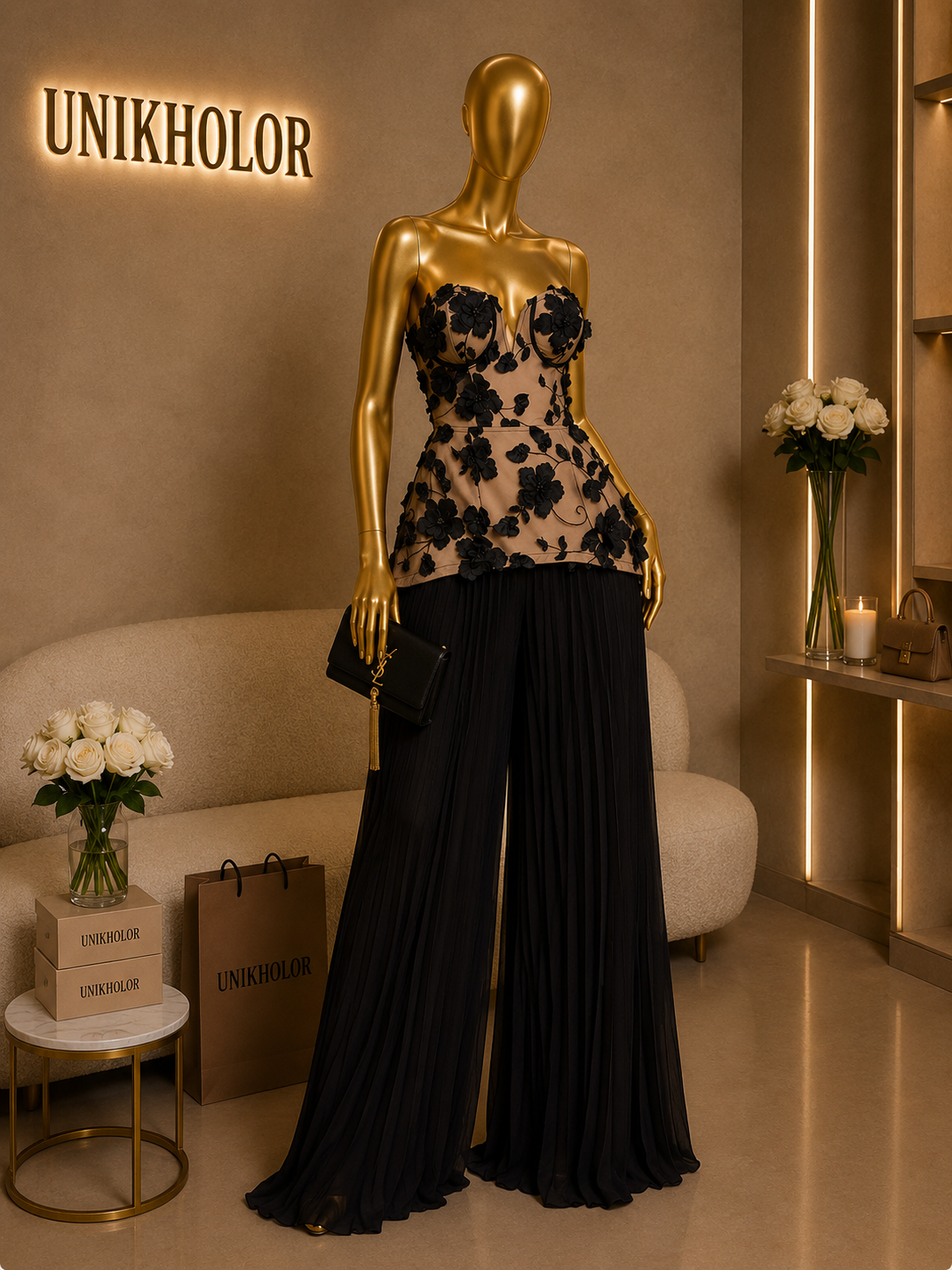 Set de corset floreado y pantalón plisado negro cb