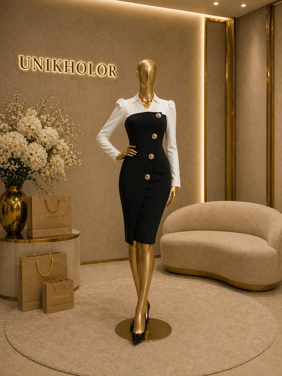 Vestido negro con blanco y botones decorado cb