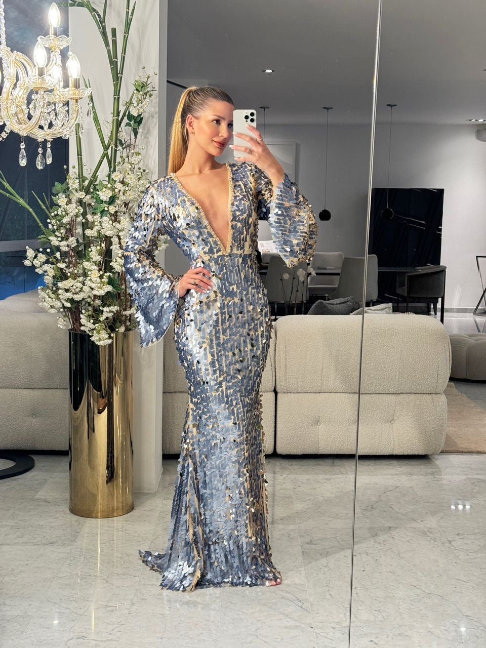 Maxi vestido lentejuelas azul y nude S.