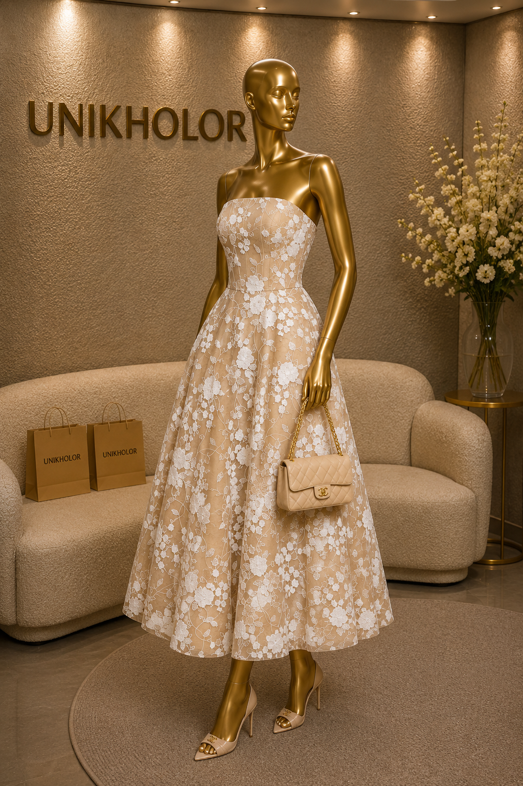 Vestido beige con con flores blancas de lentejuelas cb