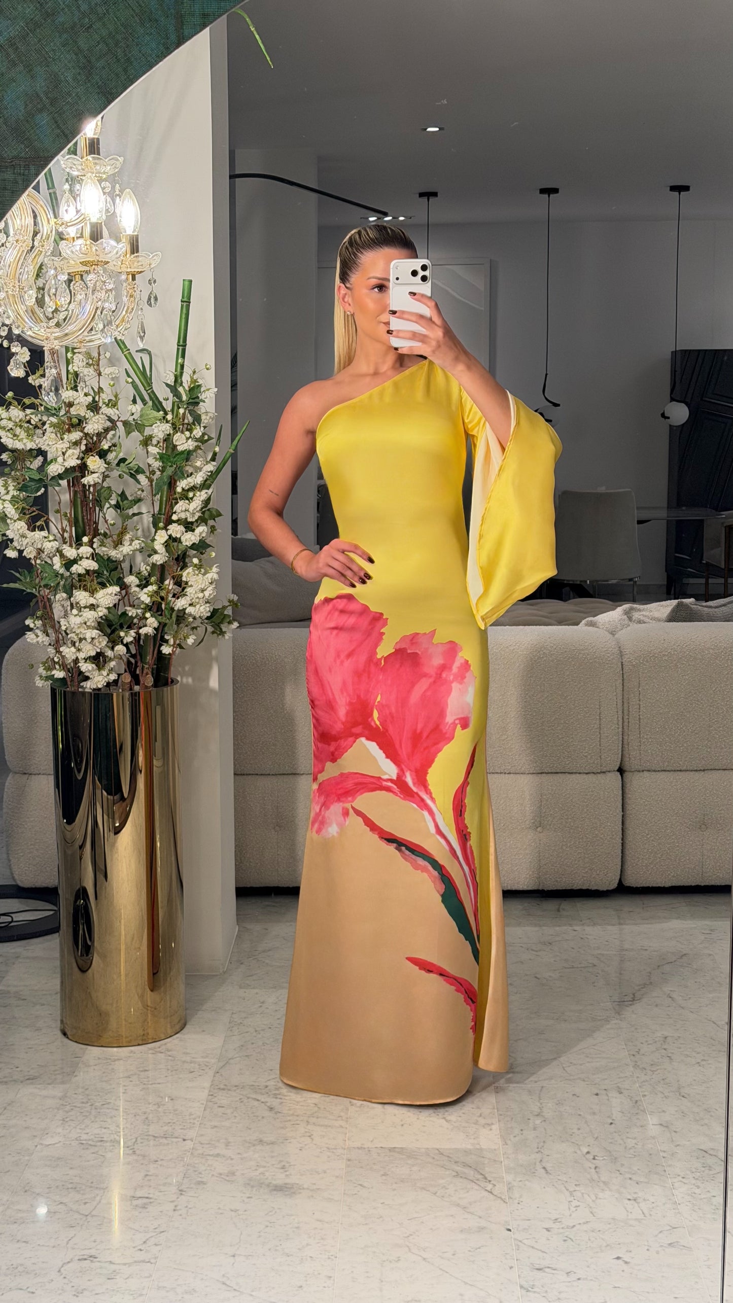 Vestido amarillo estampado de seda cb