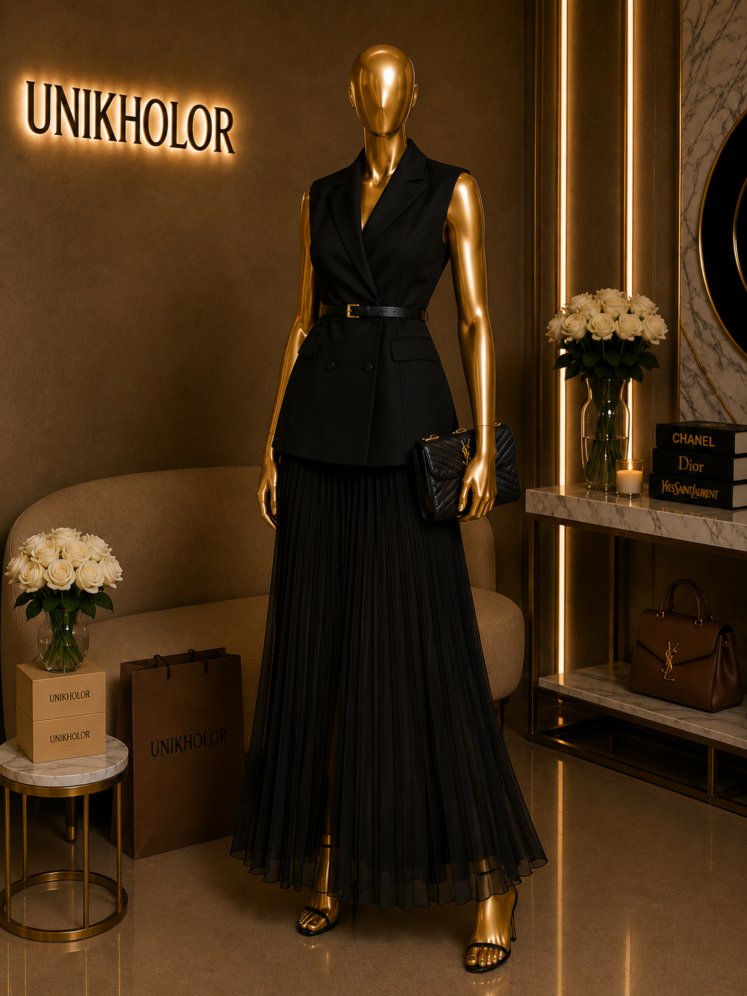 Set de vest y falda plisada negro cb