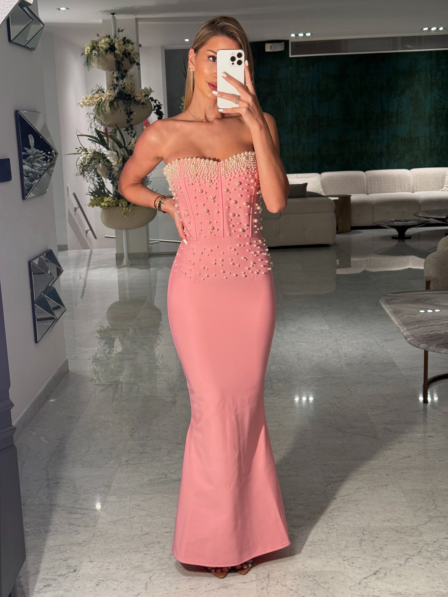 Vestido bandage rosado con perlas cb talla S