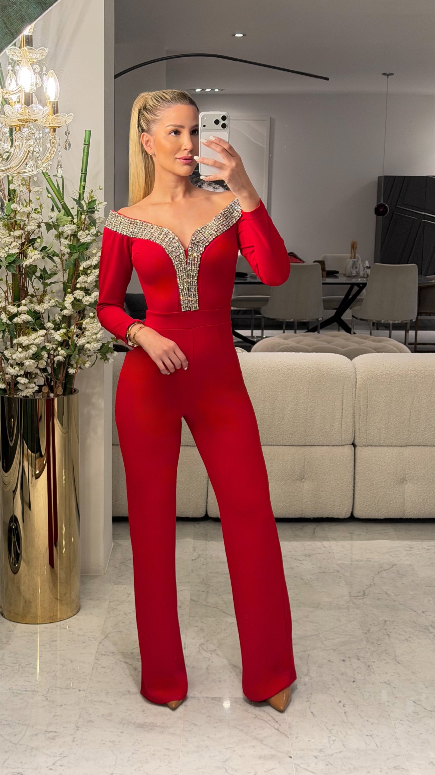 Jumpsuit rojo valentine con brillos en escote