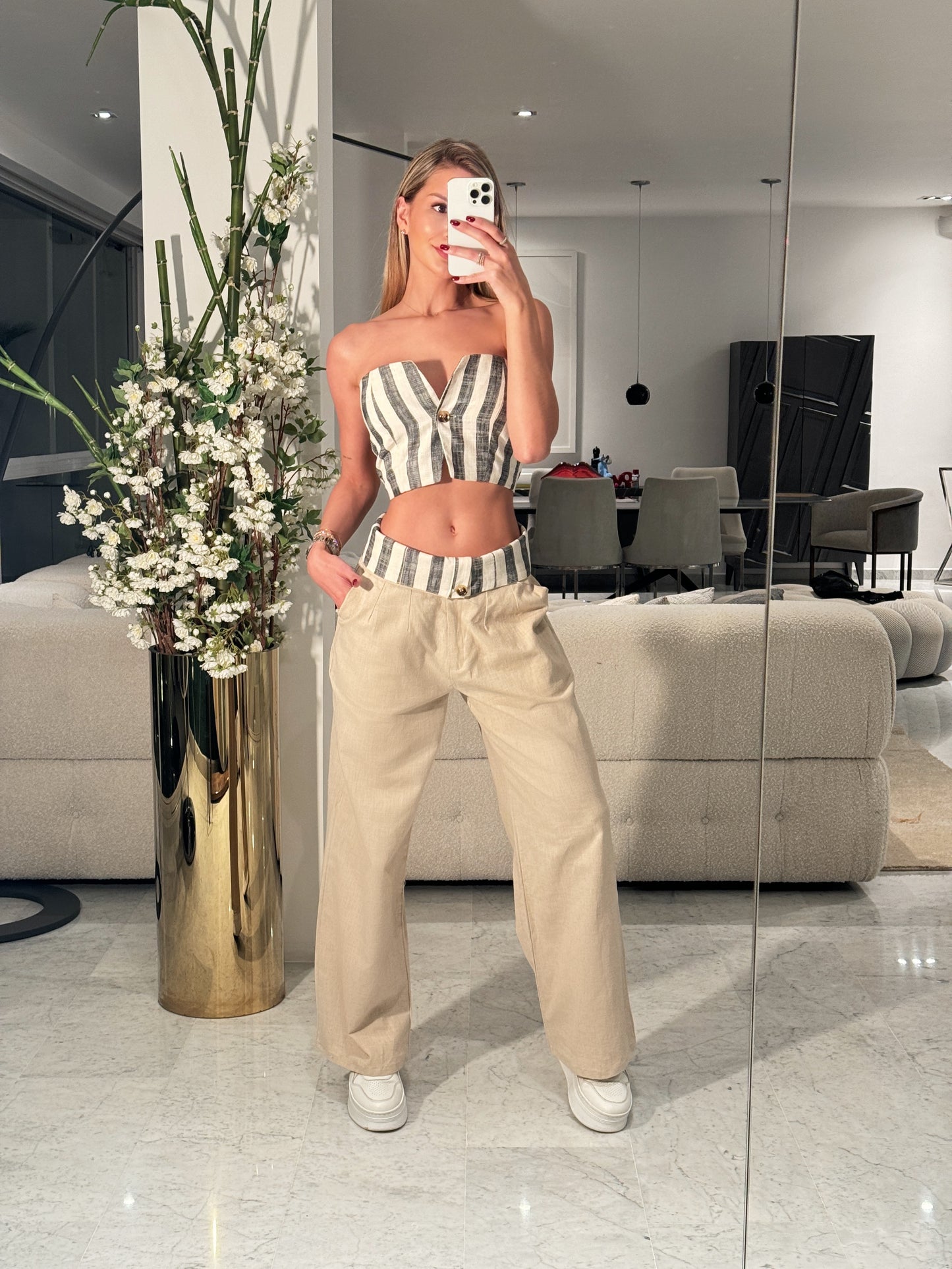 Set de top de rayas y pant de lino