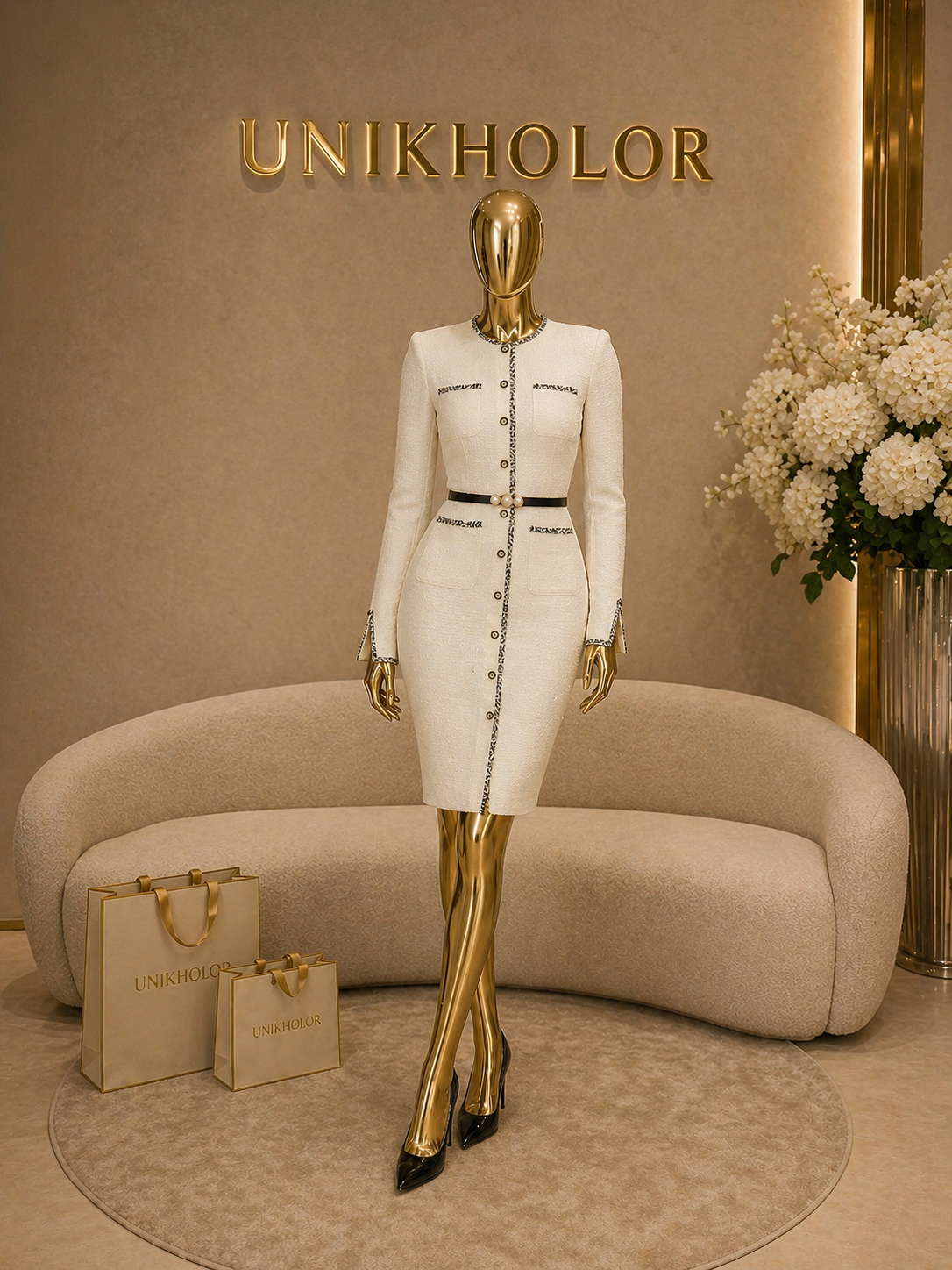 Vestido crema con cinturón cb