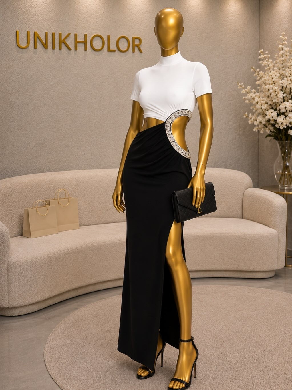 Vestido blanco y negro con brillantes cb