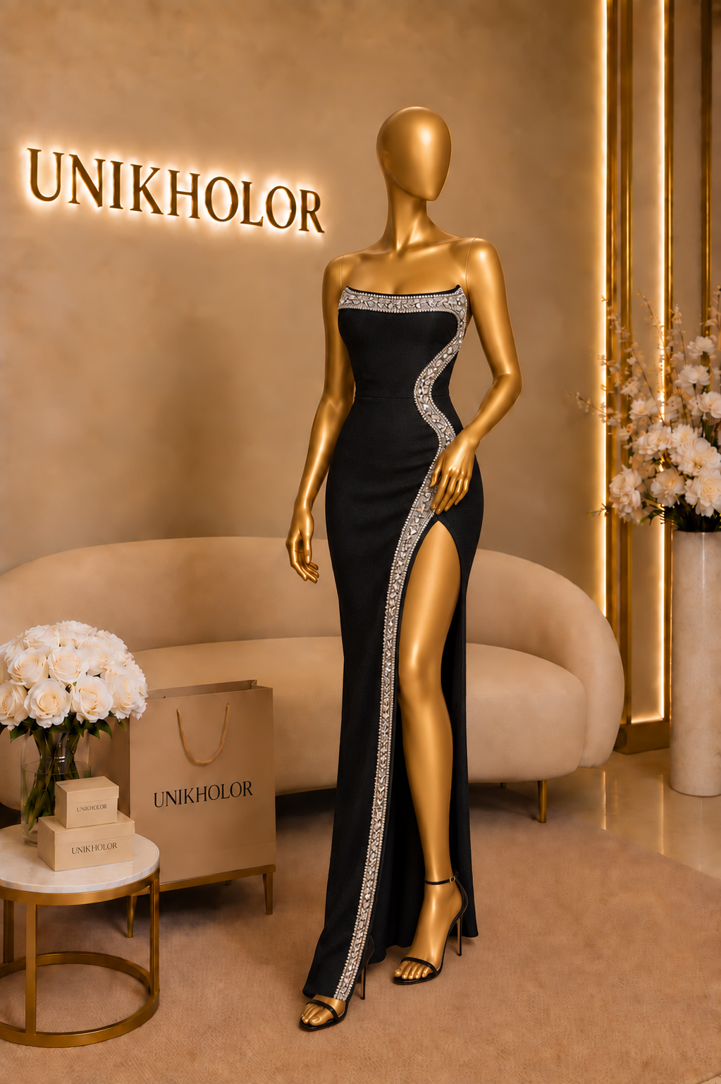 Vestido negro bandage con línea de de brillantes 1S