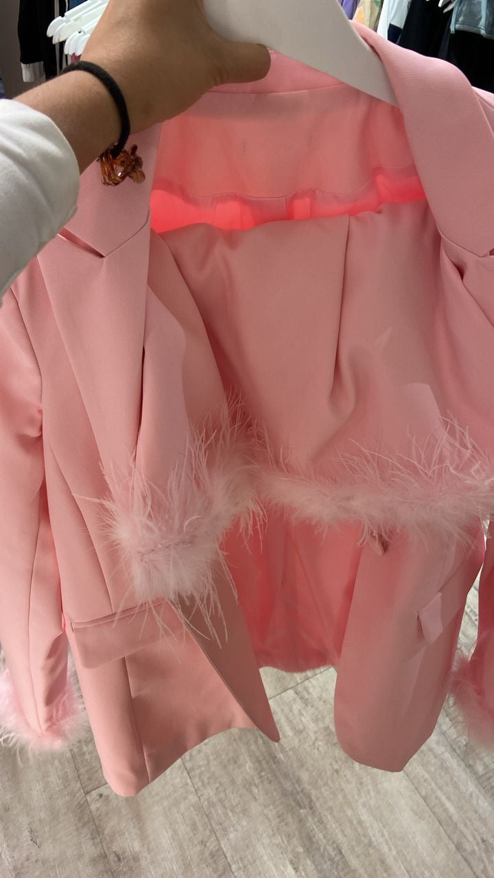 Set de falda y blazer rosa con plumas. 145$