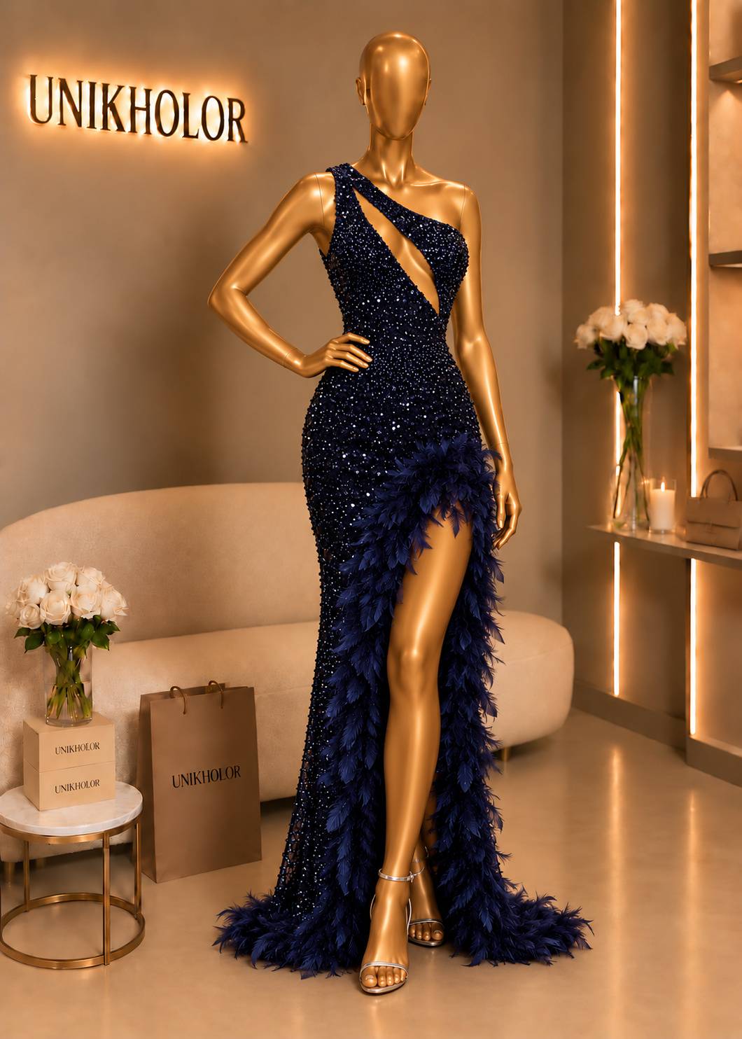 Vestido lentejuelas con plumas azul cb