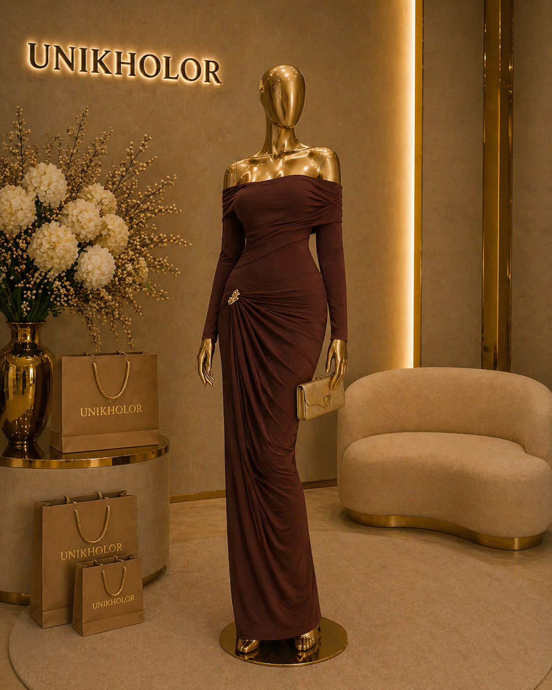 Vestido marrón con broche dorado cb