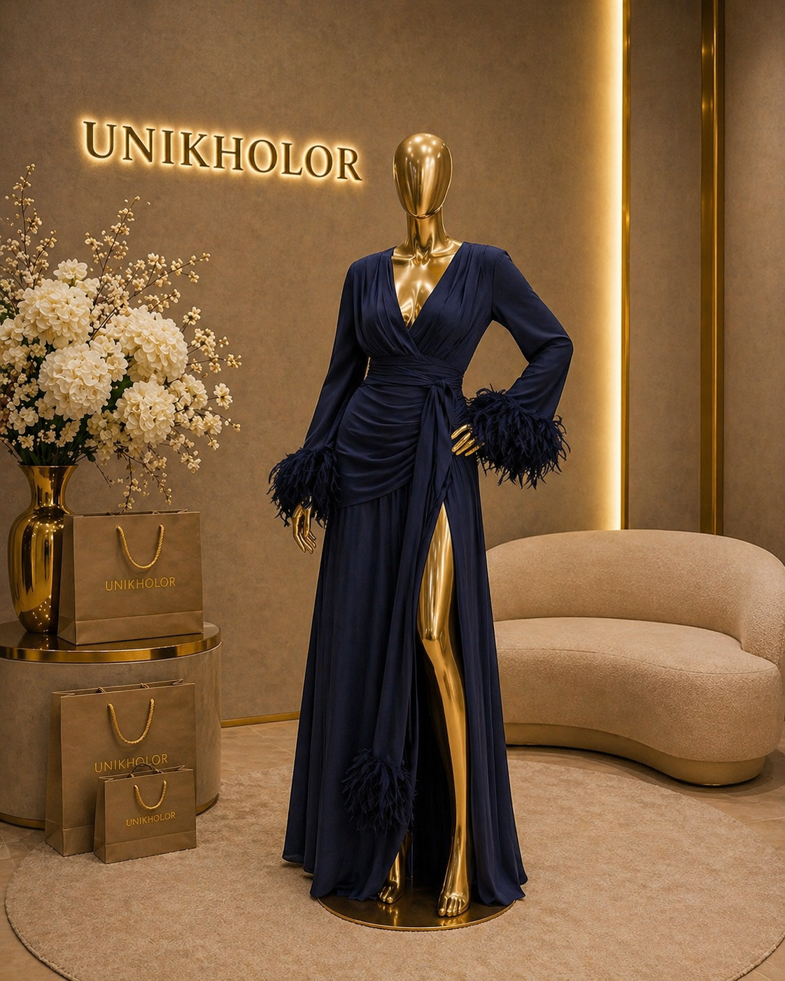 Vestido azul con plumas en las mangas cb
