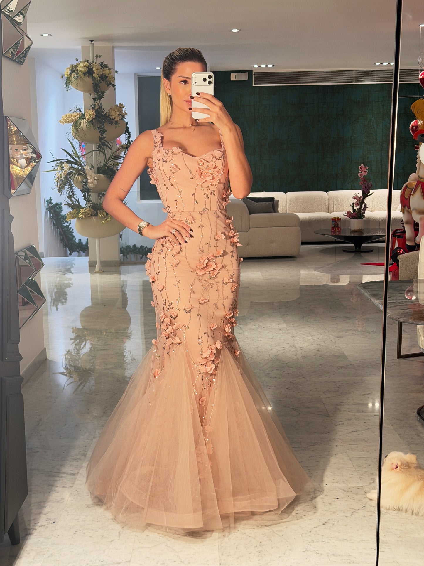 Vestido largo rosado con flores 3D cb 1S 195$