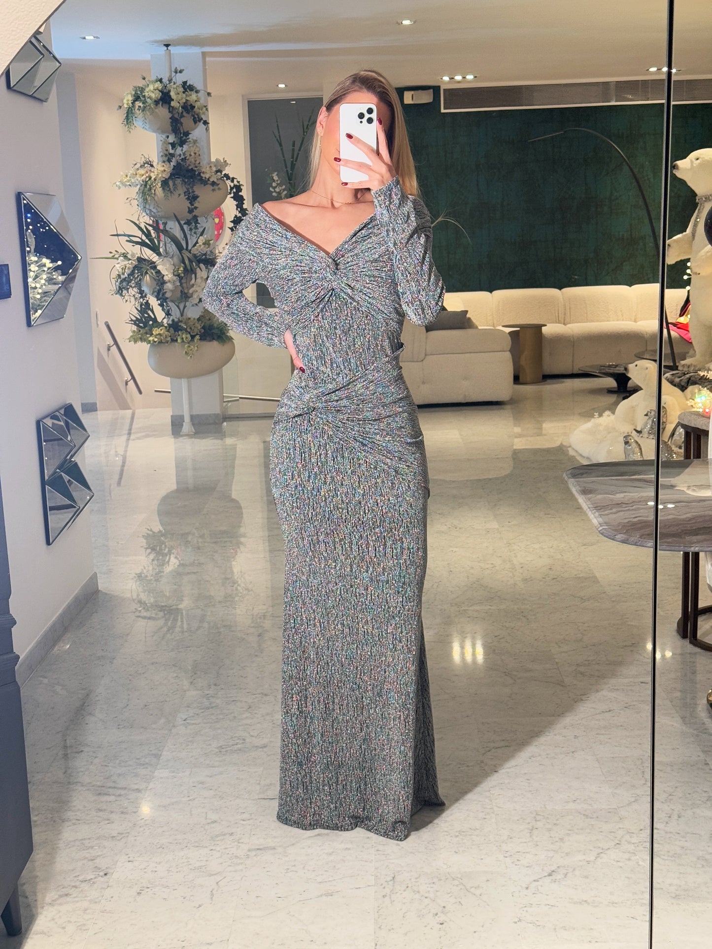 Maxi vestido plateado y dorado cameo.