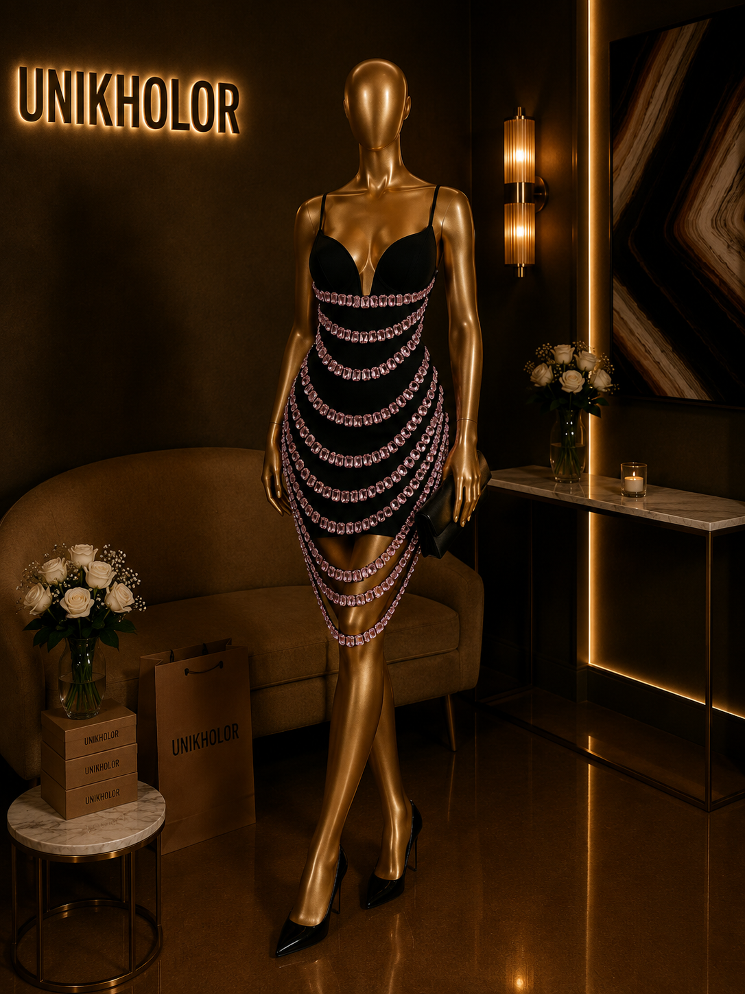 Vestido negro con brillantes rosados cb