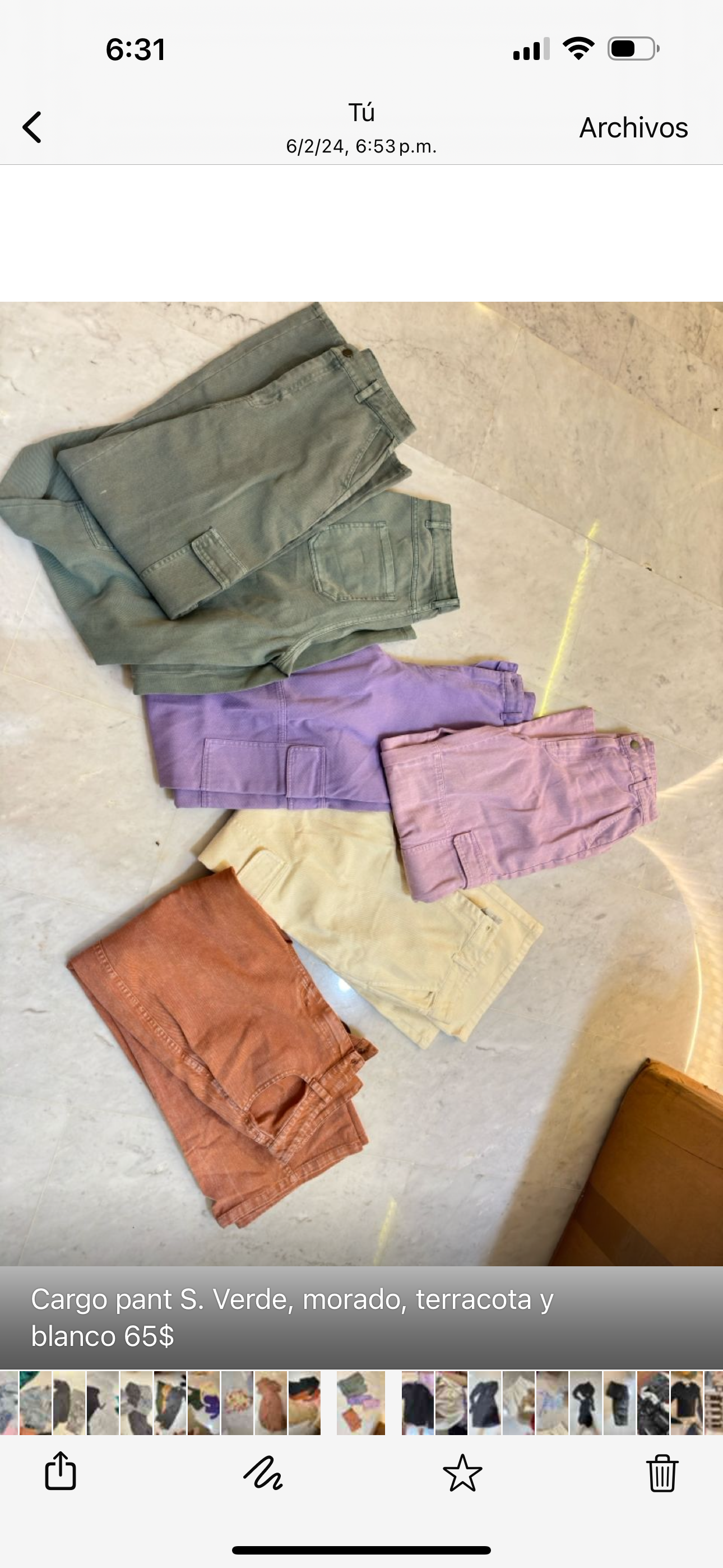 Cargo pant verde, morado, terracota y blanco