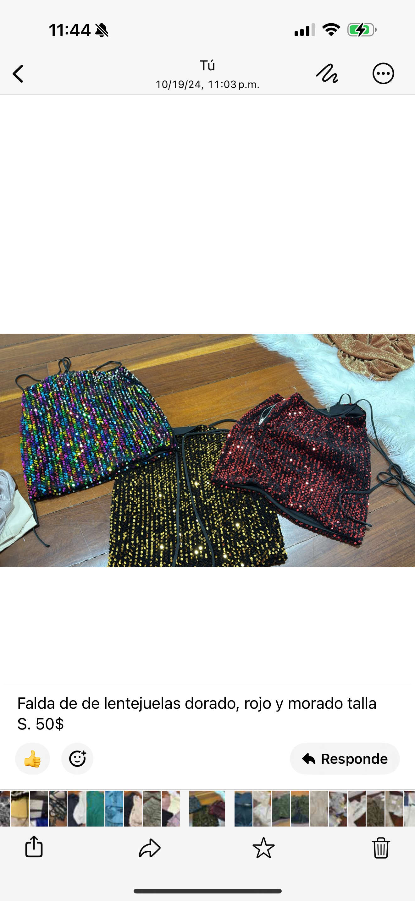 Falda de de lentejuelas dorado, rojo y morado talla S.