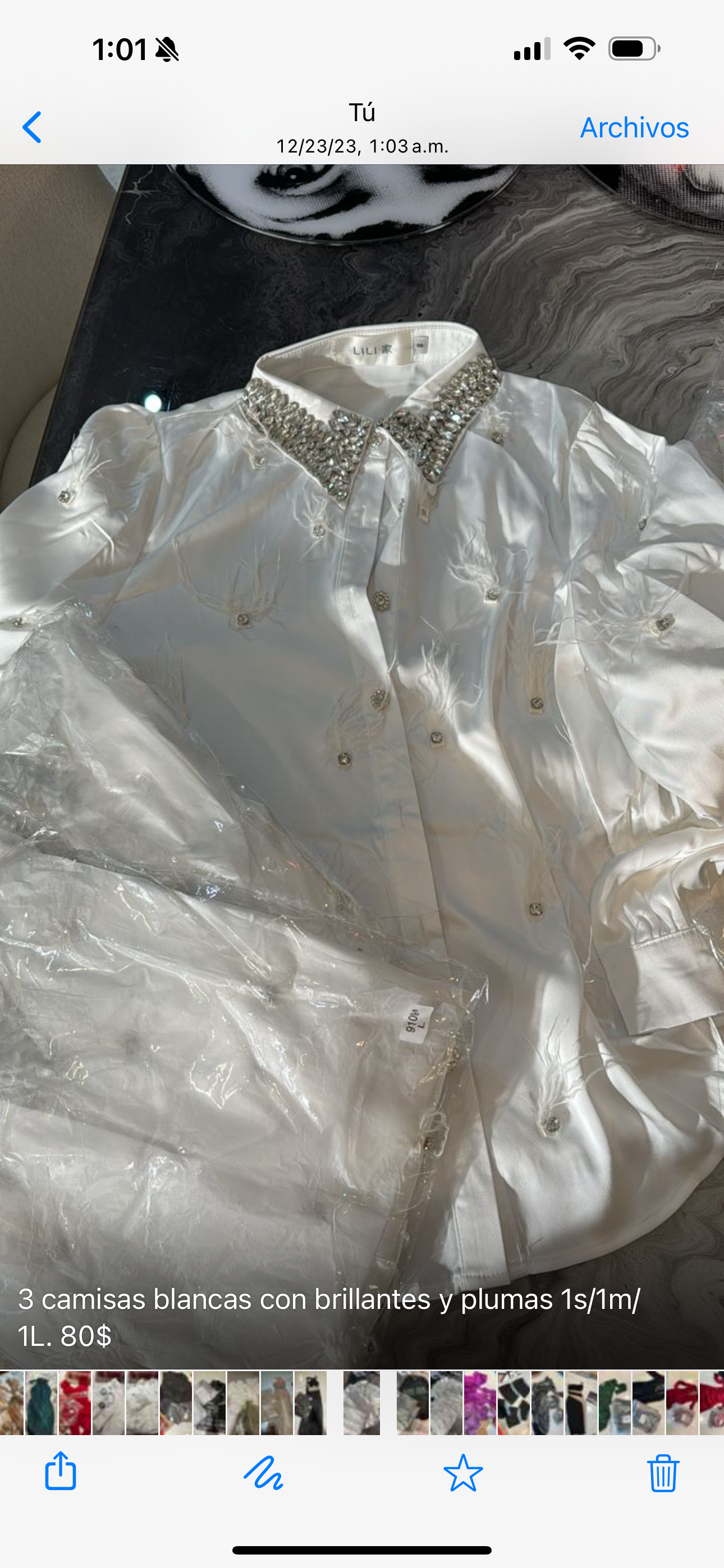 Camisa de seda blanca con brillantes y plumas