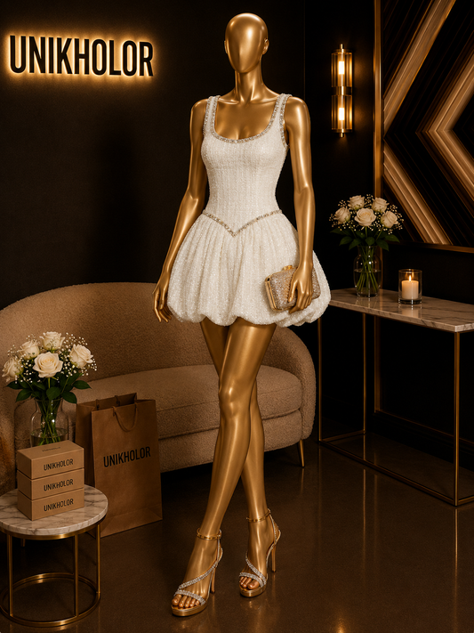 Vestido crema con brillos y falda bombache cb