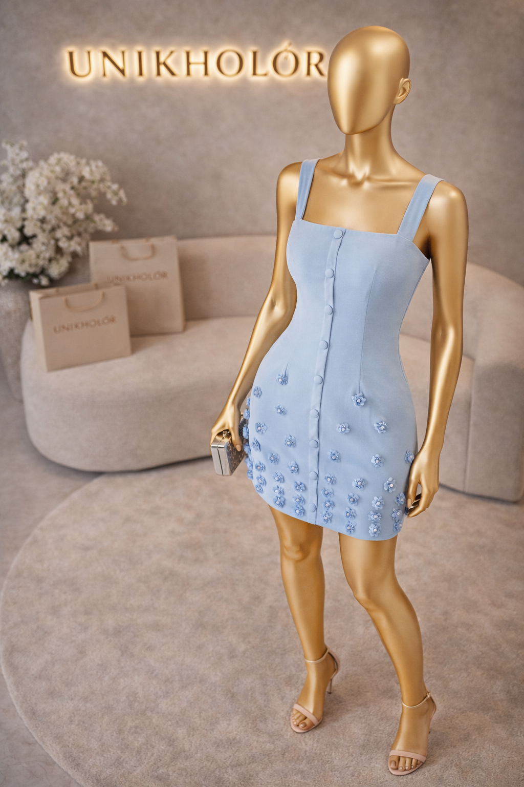 Vestido azul de botones y flores cb $115
