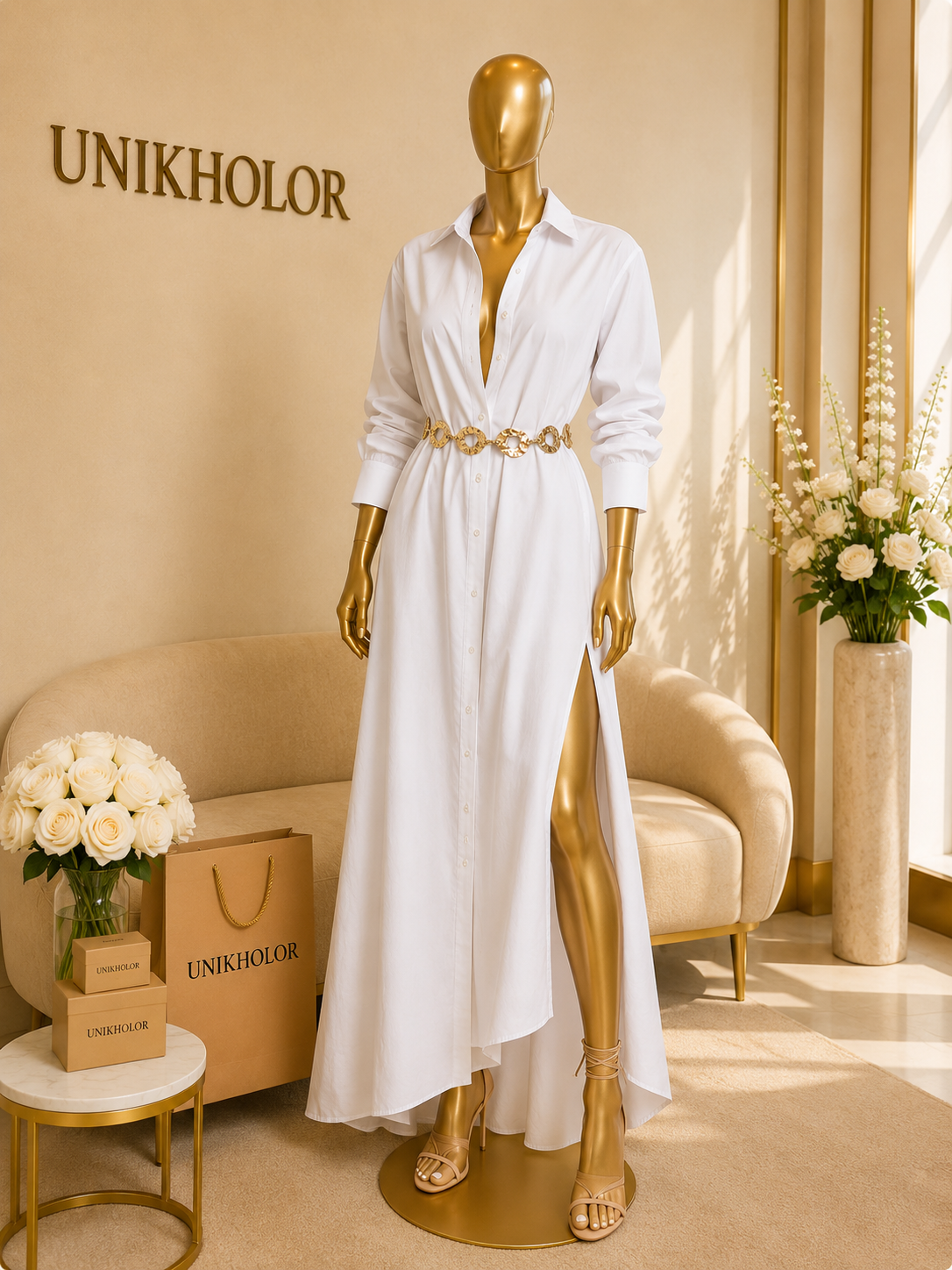 Vestido largo con cinturón dorado cb