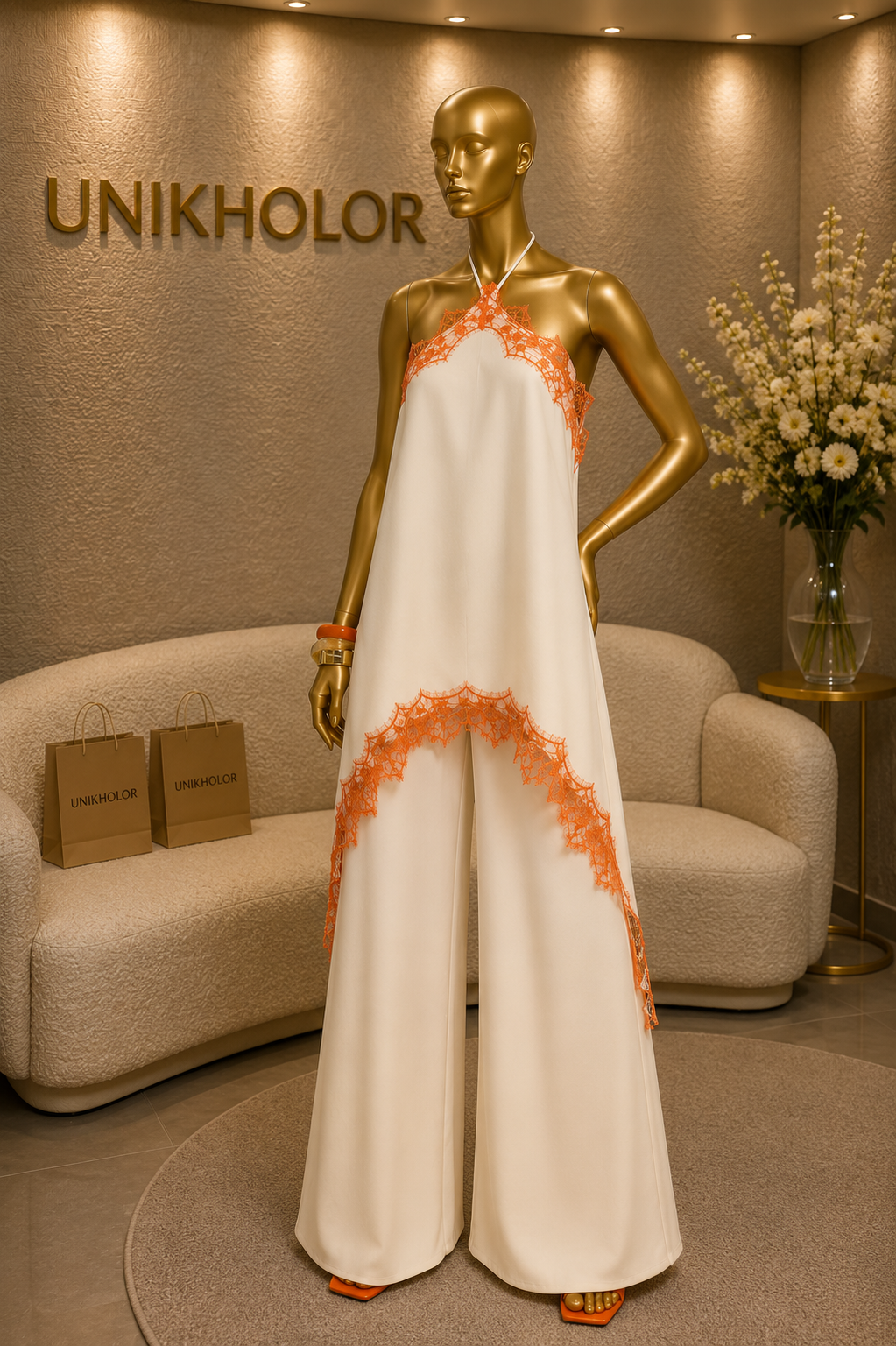 Jumpsuit de seda con encaje naranja cb