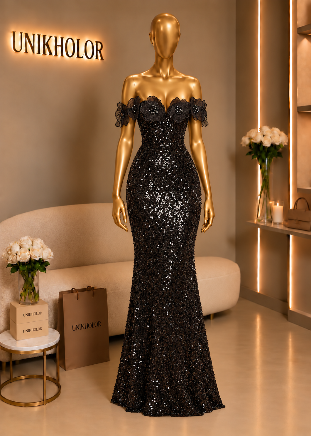 Vestido negro de lentejuelas con flores