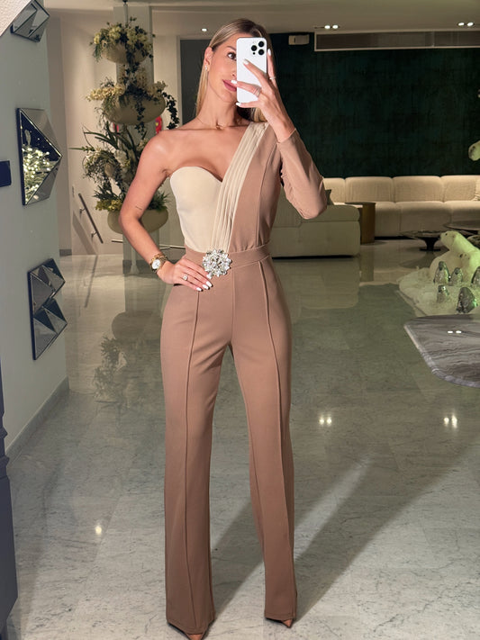 Jumpsuit beige y marrón  con brillante Valentine