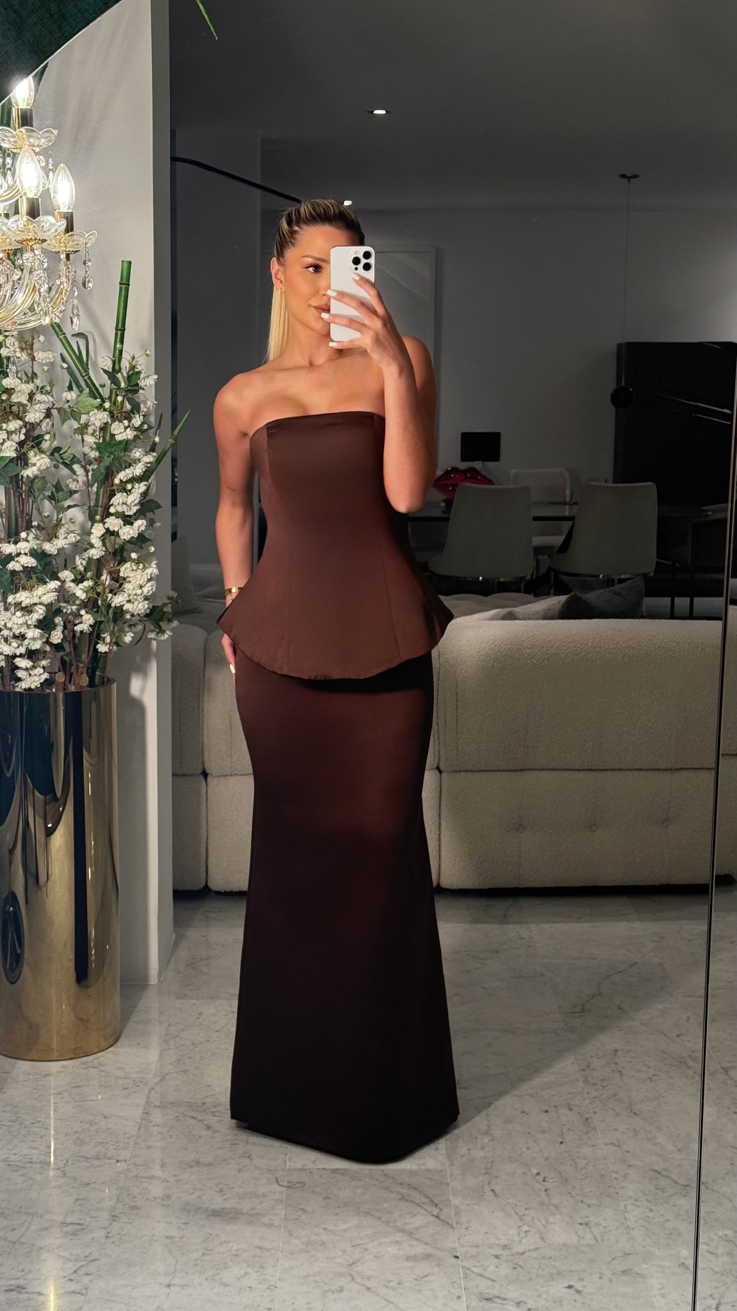 Vestido marron largo strapless cb 1S