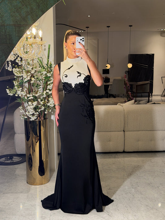 Vestido negro con blanco y brillos cb M