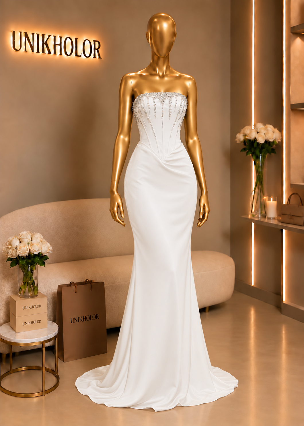 Vestido blanco largo strapless con brillantes cb S