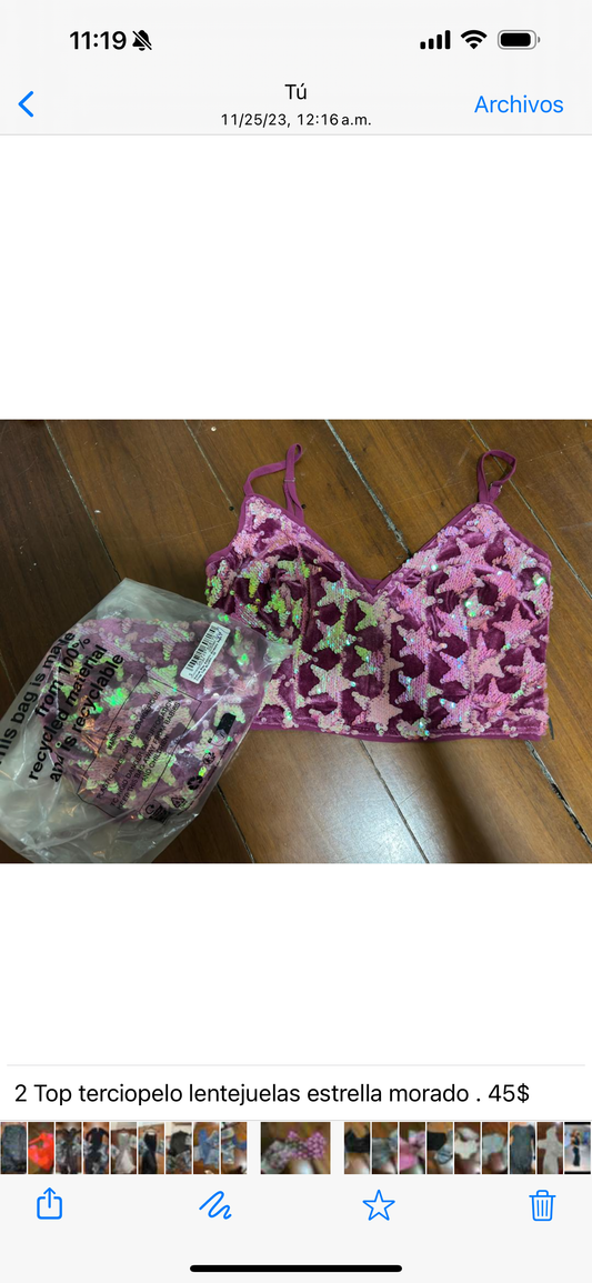 Top terciopelo lentejuelas estrella morado