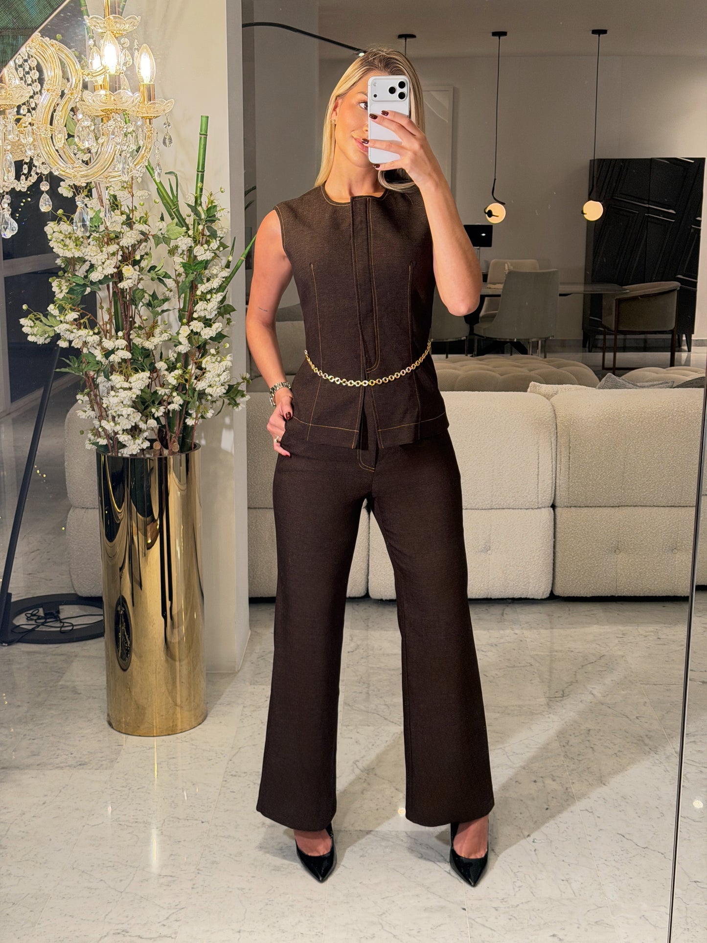Set de vest y pantalón vogue vibes azul y marrón