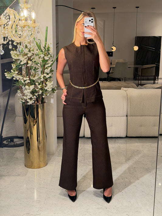 Set de vest y pantalón vogue vibes azul y marrón