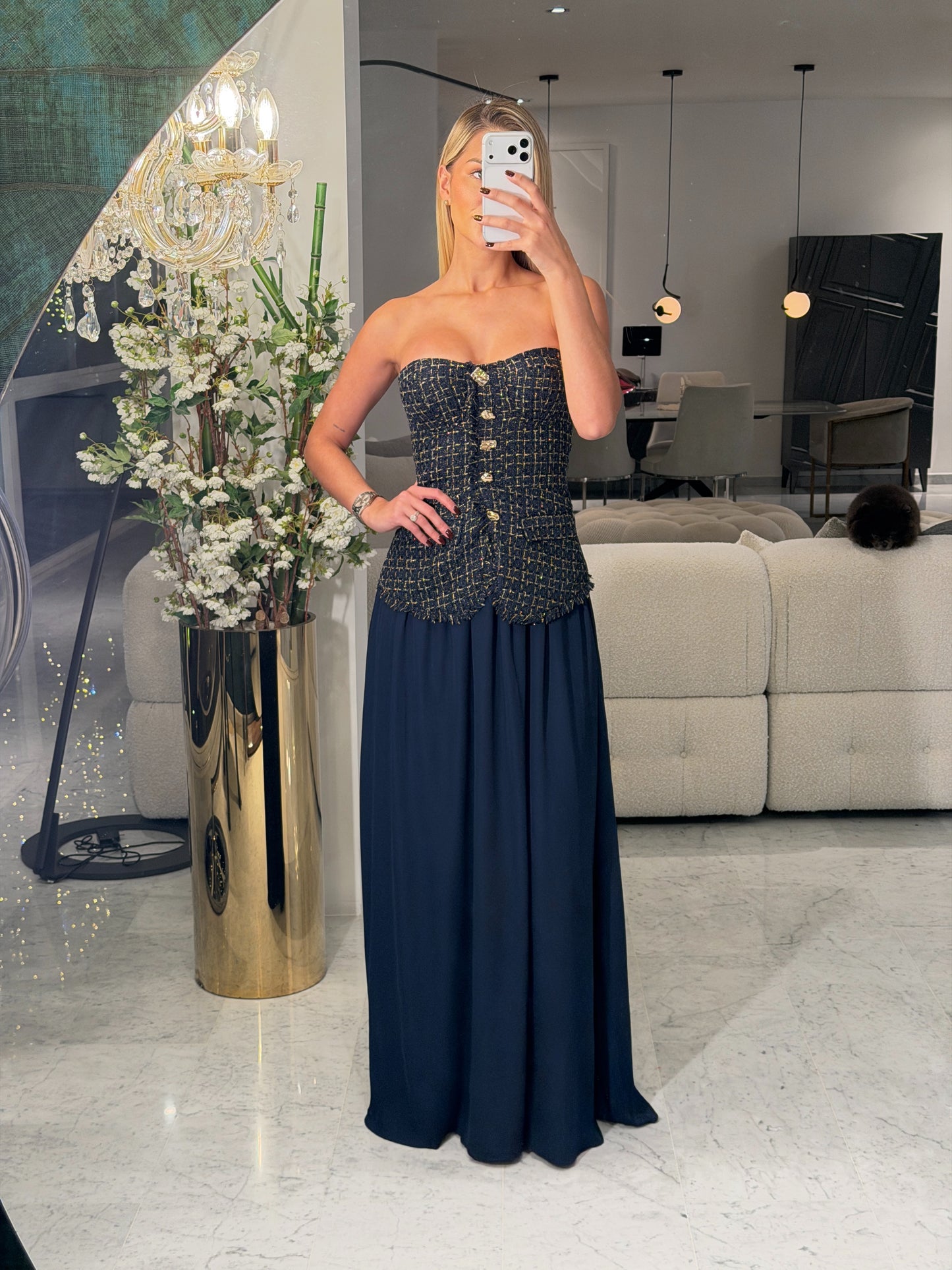 Vestido azul con vest de cuadros