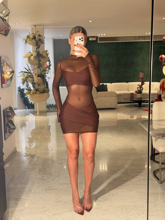 Vestido marrón corto con transparencias cb