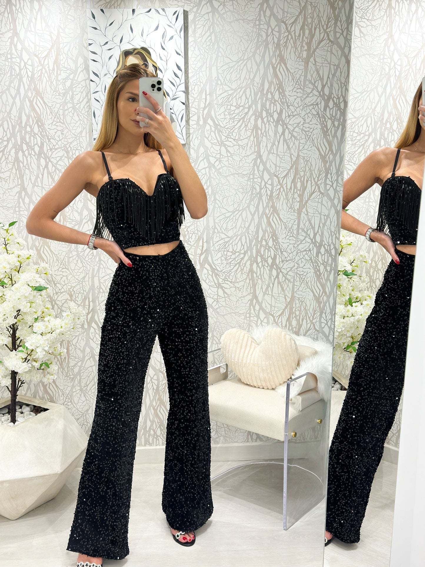 Set de top y pantalón de lentejuelas y tiras