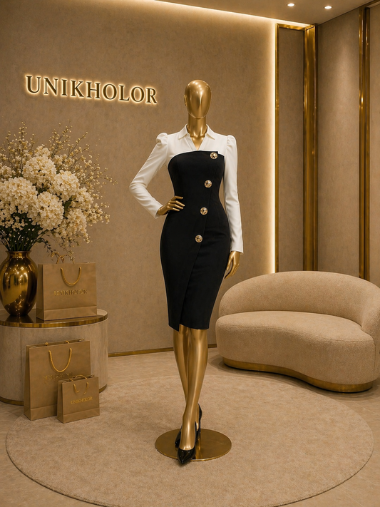 Vestido negro con blanco y botones decorado cb