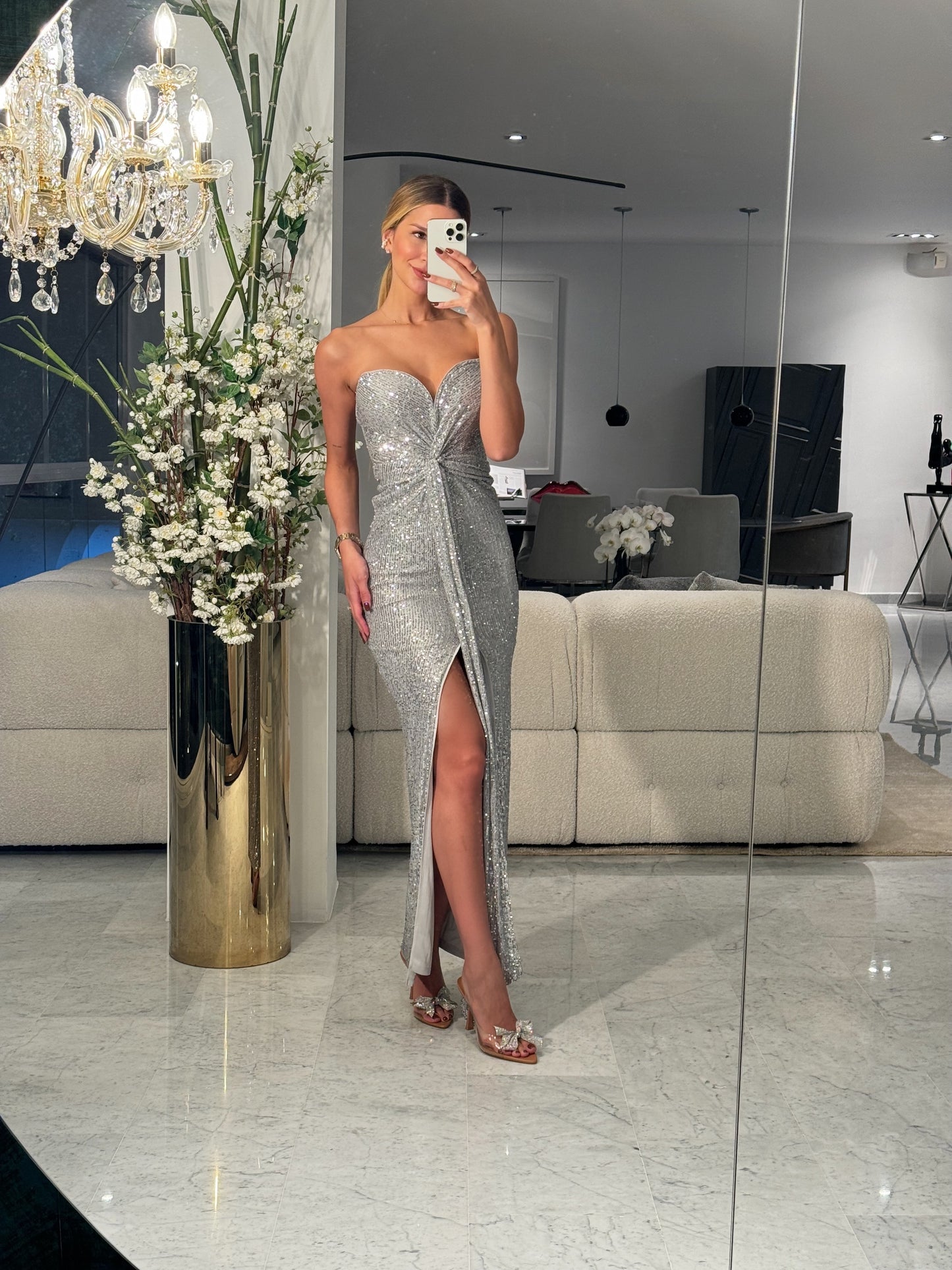 Maxi vestido lentejuelas plateado de top