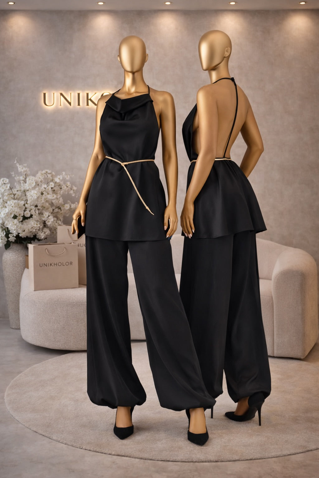 Set negro de seda con cinturon cb