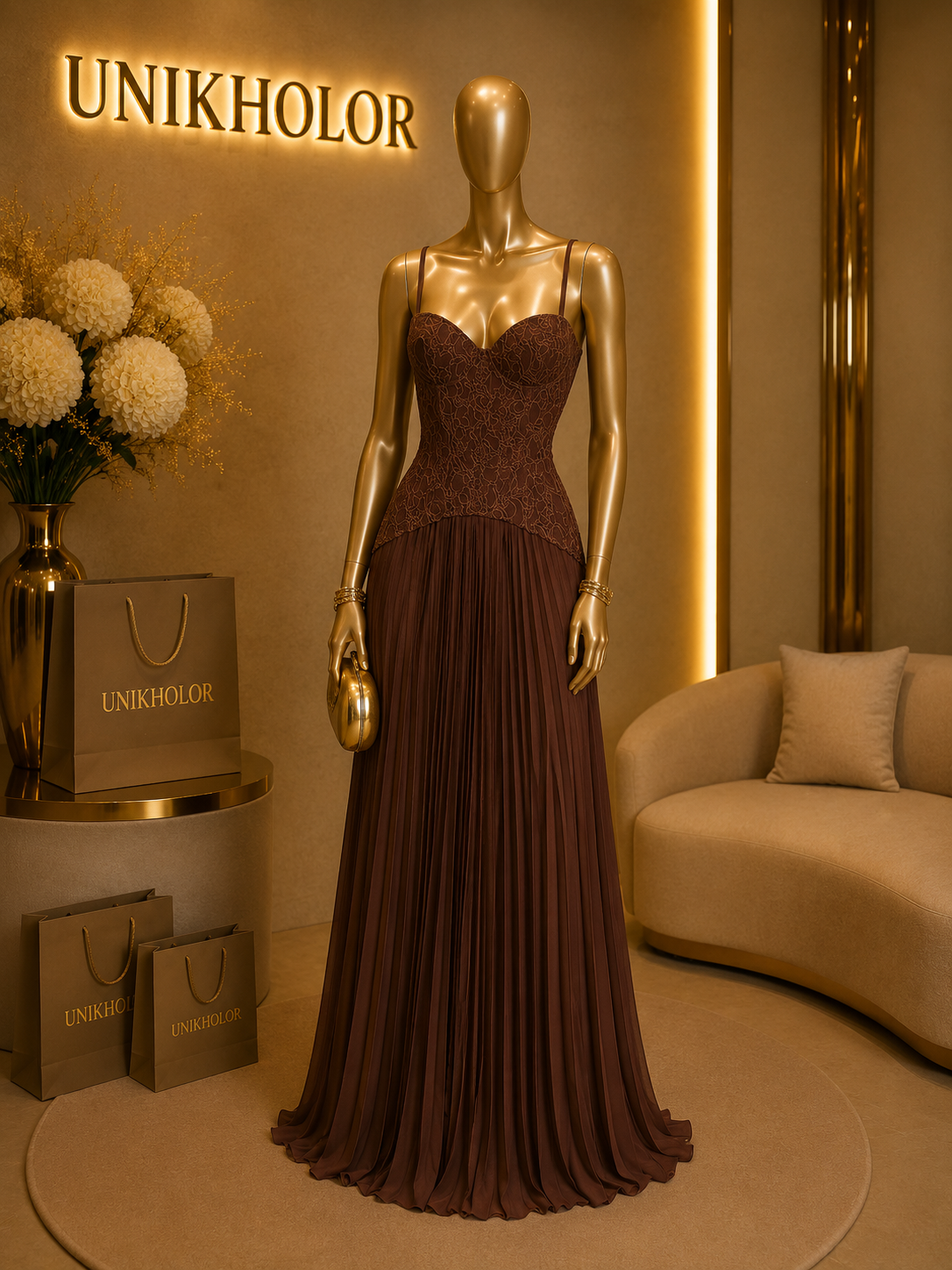 Vestido marrón Corset y falda plisada cb