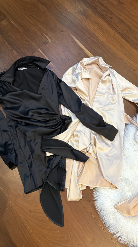 Vestido de seda amarrado en cintura champagne y negro S