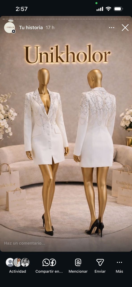 Vestido blazer blanco con brillantes cb