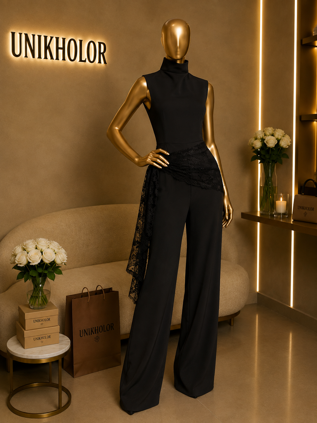 Jumpsuit negro con pañuelo de encaje cb