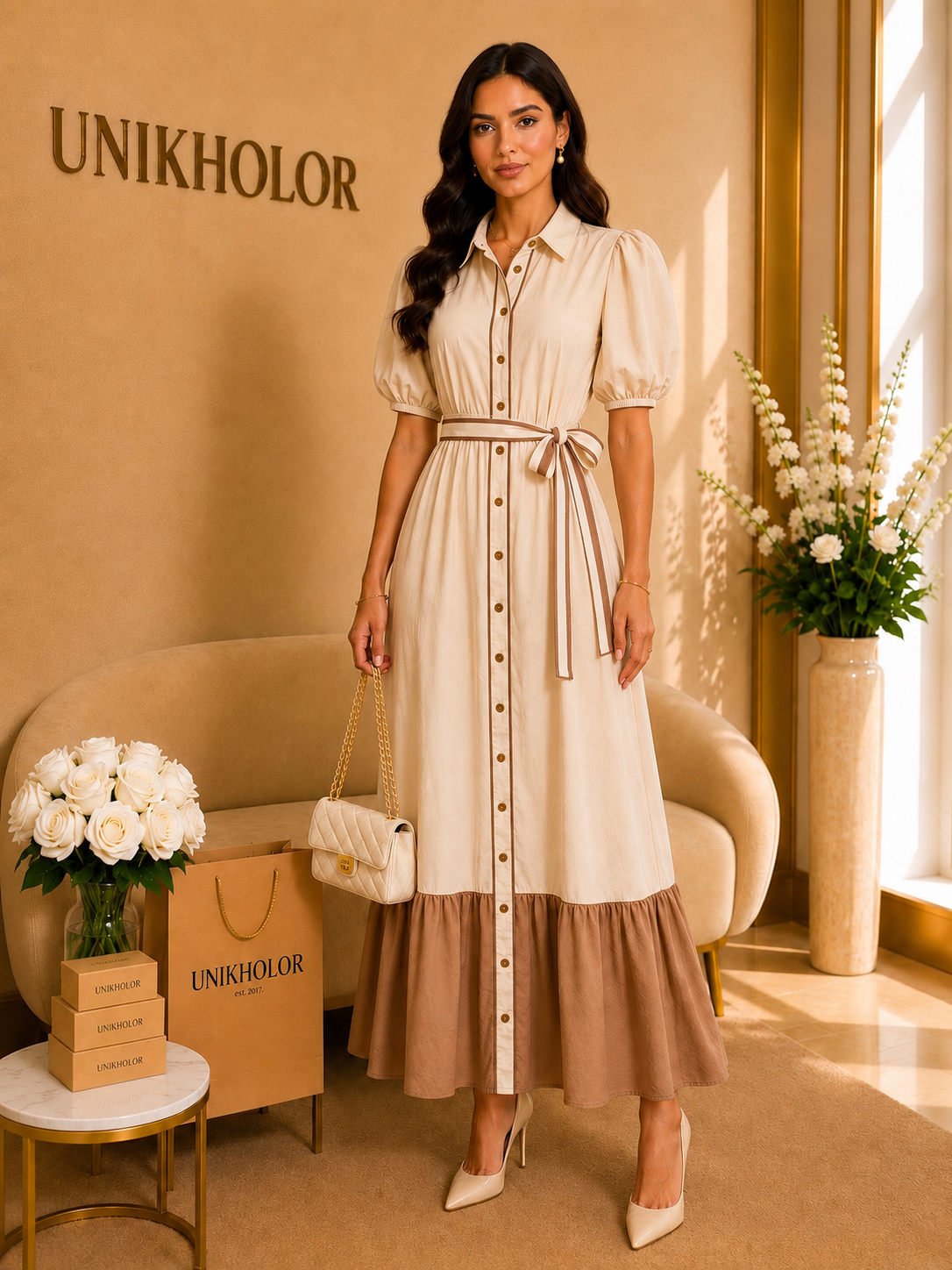 Vestido beige con marrón flying tomato