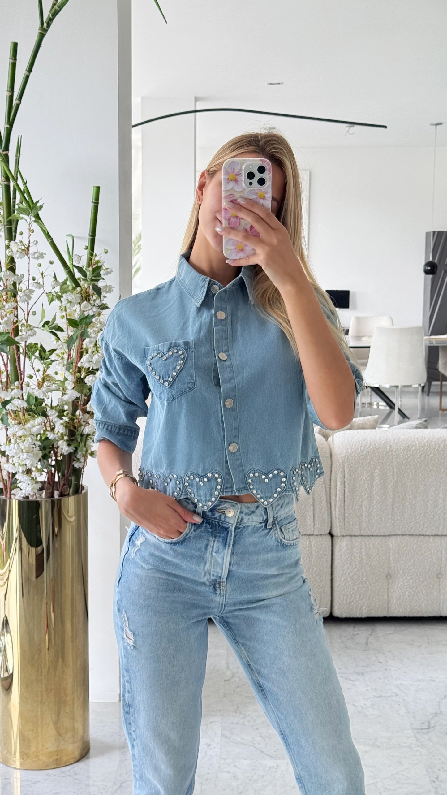 Camisa jeans corazón pastel